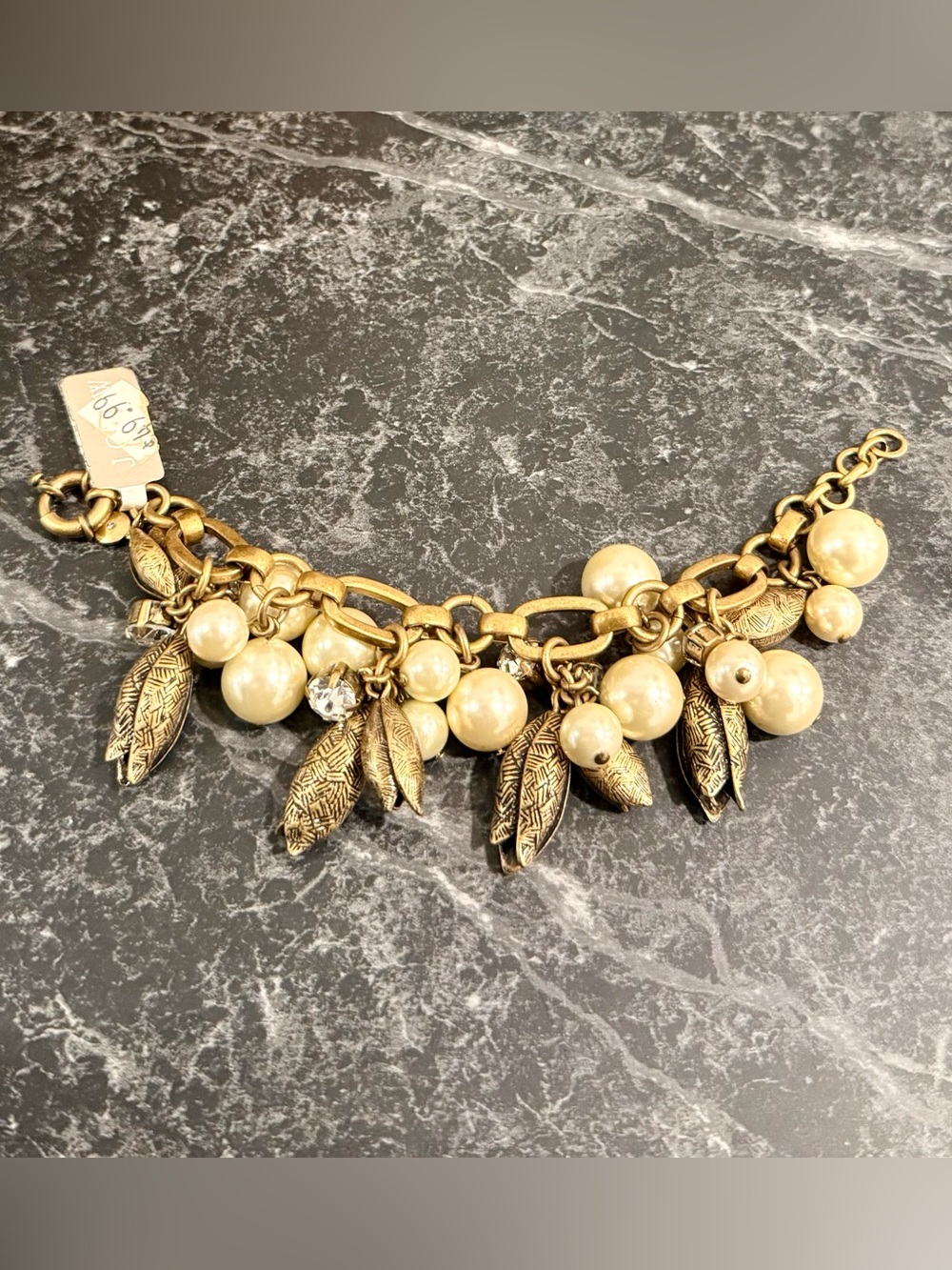 Vintage BNWT J. Crew Gold-Tone Pearl & Leaf Charm Bracelet